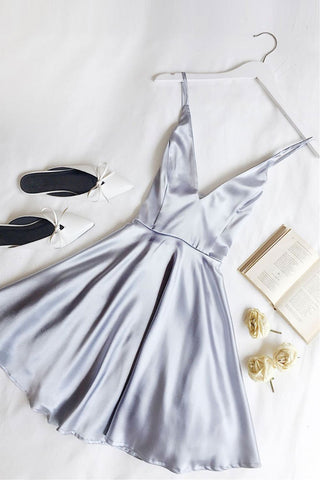 Cute Cheap Light Blue V Neck Satin Homecoming Dresses Short Prom Dresses, Light Blue Graduation Dresses, Formal Dresses