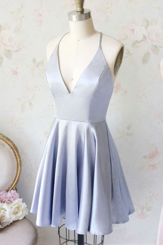 Cute Cheap Light Blue V Neck Satin Homecoming Dresses Short Prom Dress abcprom Cute Cheap Light Blue V Neck Satin Homecoming Dresses Short Prom Dress abcprom