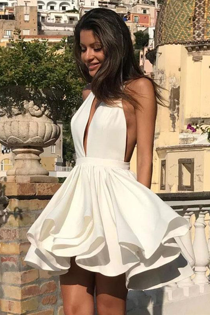 Cute Halter V Neck Backless Layered White Homecoming Dresses Short Prom Dresses, White Formal Evening Graduation Dresses 2019