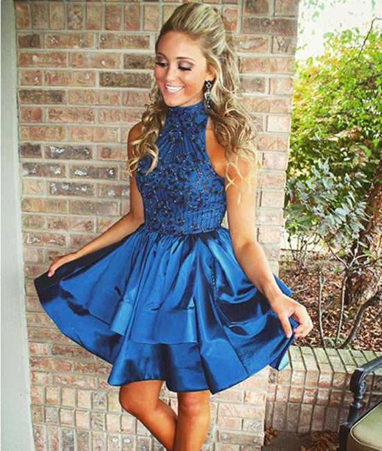 Cute High Neck Sequin Beaded Short Blue Prom Dresses Blue Homecoming abcprom