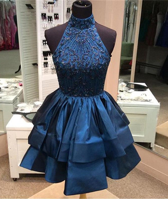 Cute High-Neck Sequin Beaded Short Blue Prom Dresses, Blue Homecoming abcprom Cute High-Neck Sequin Beaded Short Blue Prom Dresses, Blue Homecoming abcprom