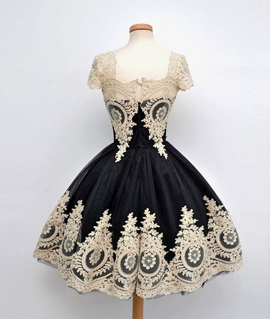 Cute Lace Applique Black Short Prom Dresses, Lace Applique Homecoming abcprom Cute Lace Applique Black Short Prom Dresses, Lace Applique Homecoming abcprom