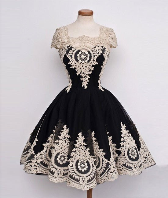 Cute Lace Applique Black Short Prom Dresses, Lace Applique Homecoming abcprom Cute Lace Applique Black Short Prom Dresses, Lace Applique Homecoming abcprom