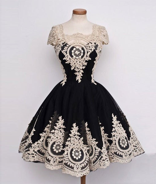 Cute Lace Applique Black Short Prom Dresses, Lace Applique Homecoming Dresses
