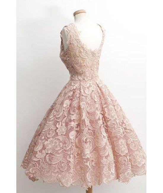 open lace back dress Cute Light Pink Short Lace Prom Dresses, Short Formal Dresses, Lace Ev –  abcprom