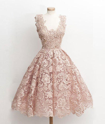 Cute Light Pink Short Lace Prom Dresses, Short Formal Dresses, Lace Evening Dresses