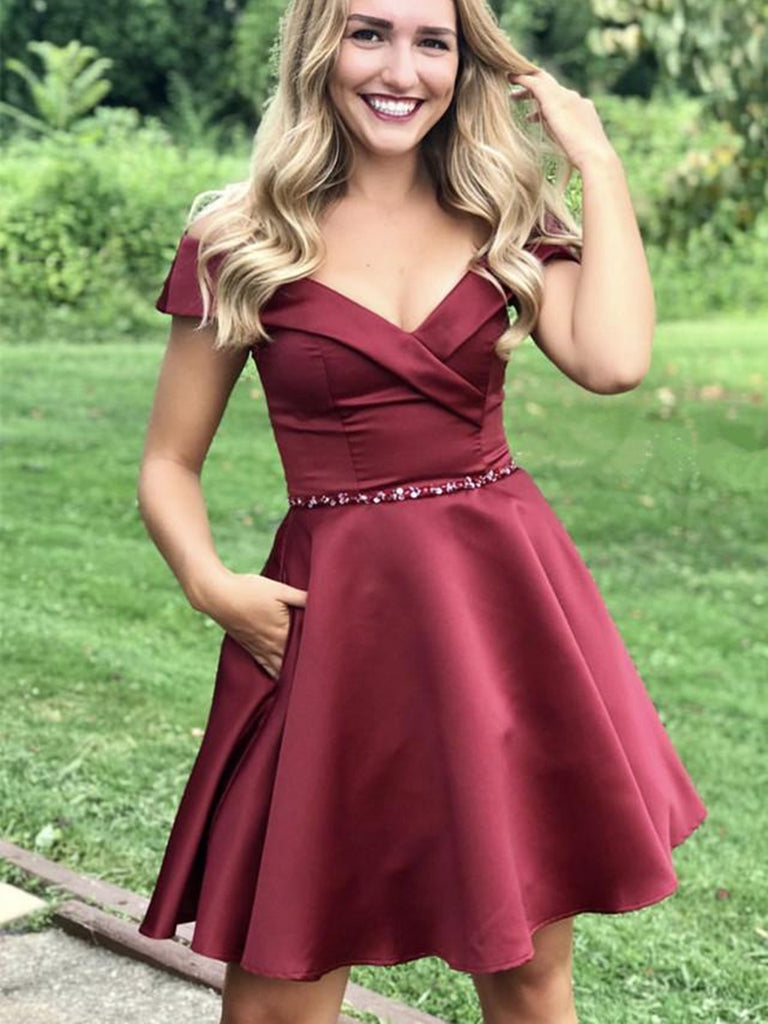 Cute Off Shoulder Burgundy Satin Short Prom Dresses with Beading Belt, abcprom Cute Off Shoulder Burgundy Satin Short Prom Dresses with Beading Belt, abcprom