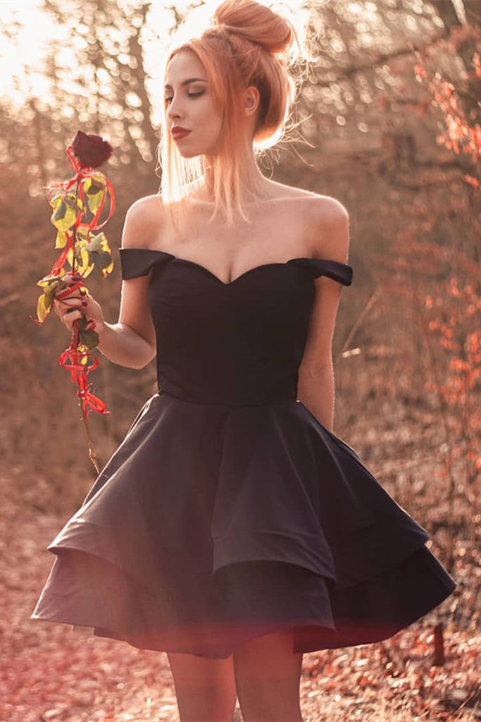 Cute Off Shoulder Layered Black Homecoming Dresses Short Prom Dresses, abcprom Cute Off Shoulder Layered Black Homecoming Dresses Short Prom Dresses, abcprom