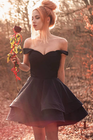 off the shoulder black homecoming dress Zapaka Women Prom Dress Black Off The Shoulder Tiered A-Line Evening Dress, Black / US14