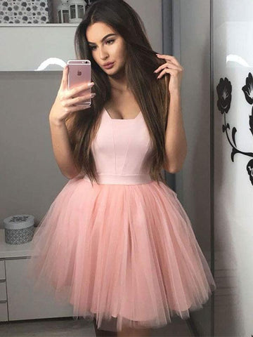 Cute Pink Tulle Short Prom Dresses Homecoming Dresses, Pink Short Formal Graduation Evening Dresses