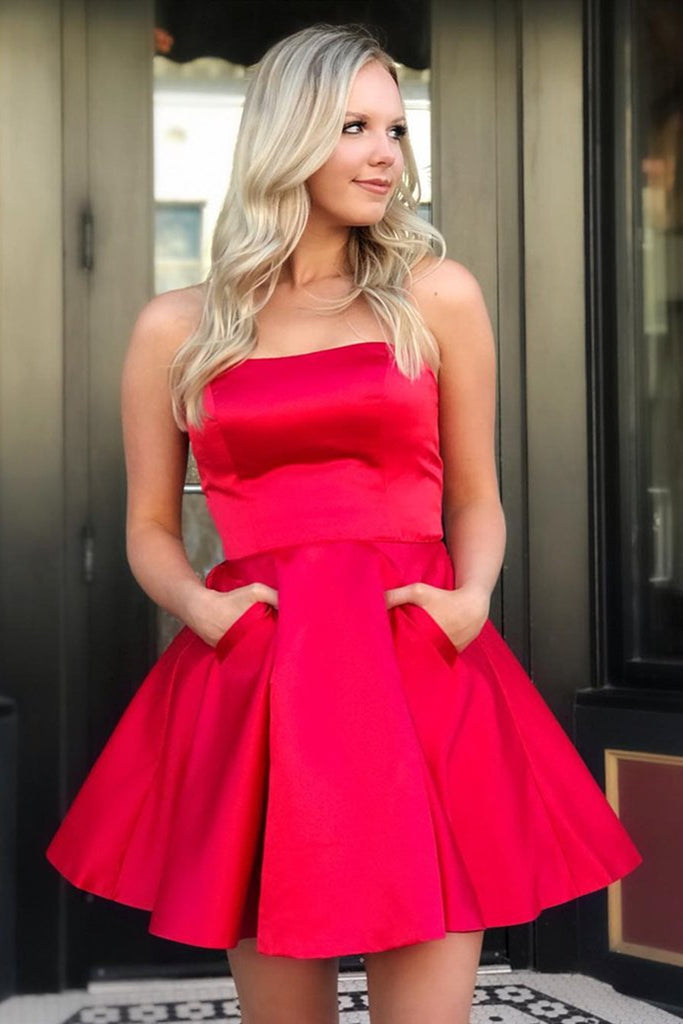 Cute Red Short Prom Dresses with Pockets, Red Homecoming Dresses, Simple Red Formal Dresses, Evening Dresses