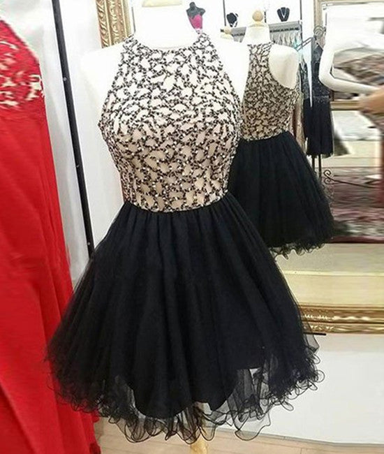 Cute Round-Neck Sequin Tulle Short Black Prom Dresses, Black Homecomin abcprom Cute Round-Neck Sequin Tulle Short Black Prom Dresses, Black Homecomin abcprom