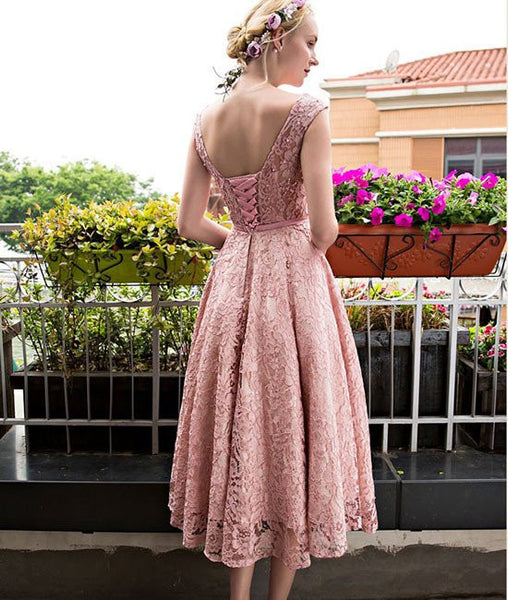Cute Round-Neck Short Pink Lace Prom Dresses, Pink Lace Formal Dresses, Pink Lace Bridesmaid Dresses