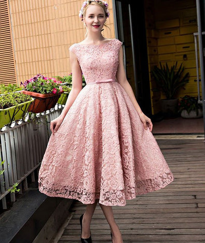 Cute Round-Neck Short Pink Lace Prom Dresses, Pink Lace Formal Dresses, Pink Lace Bridesmaid Dresses