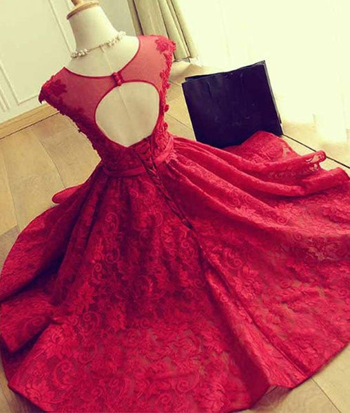 Cute Round Neck Red Lace Short Prom Dresses, Red Homecoming Dresses
