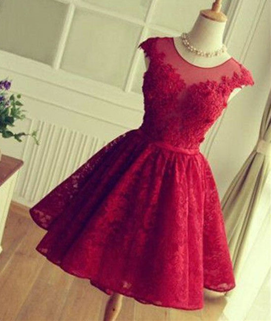 Cute Round Neck Red Lace Short Prom Dresses, Red Homecoming Dresses