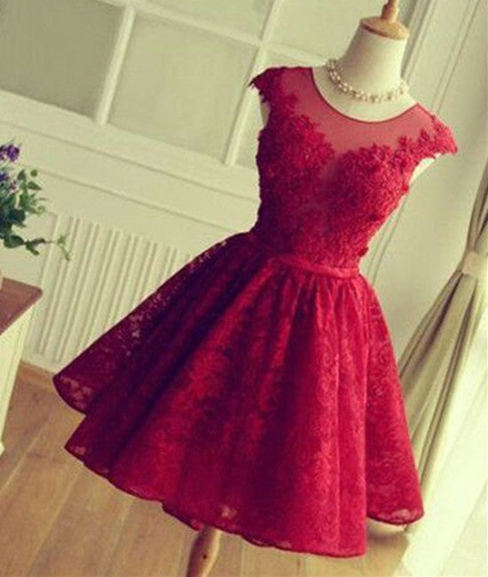 Cute Round Neck Red Lace Short Prom Dresses, Red Homecoming Dresses abcprom Cute Round Neck Red Lace Short Prom Dresses, Red Homecoming Dresses abcprom