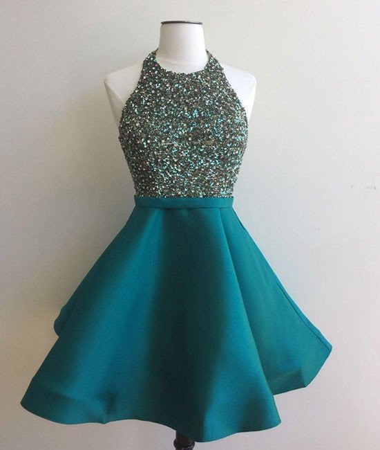 Cute Round Neck Sequin Backless Short Prom Dresses, Green Homecoming Dresses