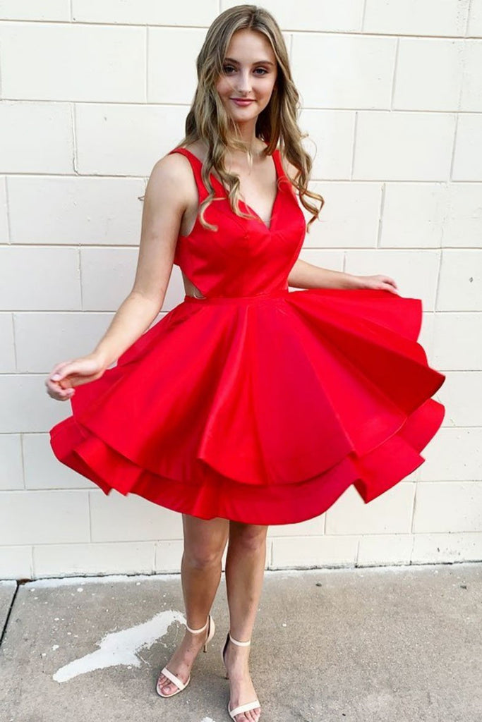 Cute V Neck Layered Red Satin Short Prom Dress Homecoming Dress, V Neck Red Formal Graduation Evening Dress