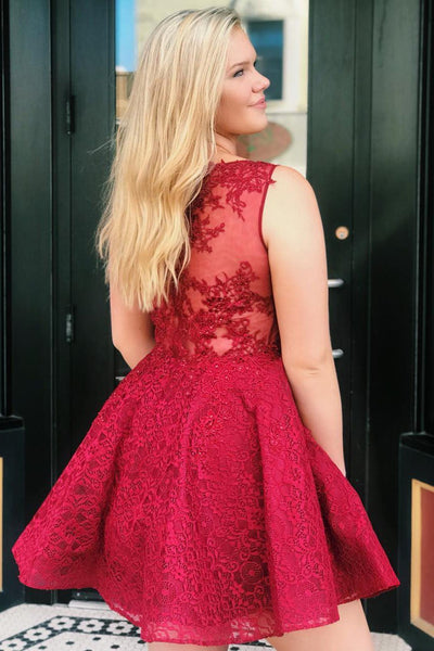 Cute V Neck Red Lace Short Prom Dress Homecoming Dress, Lace Red Formal Graduation Evening Dress