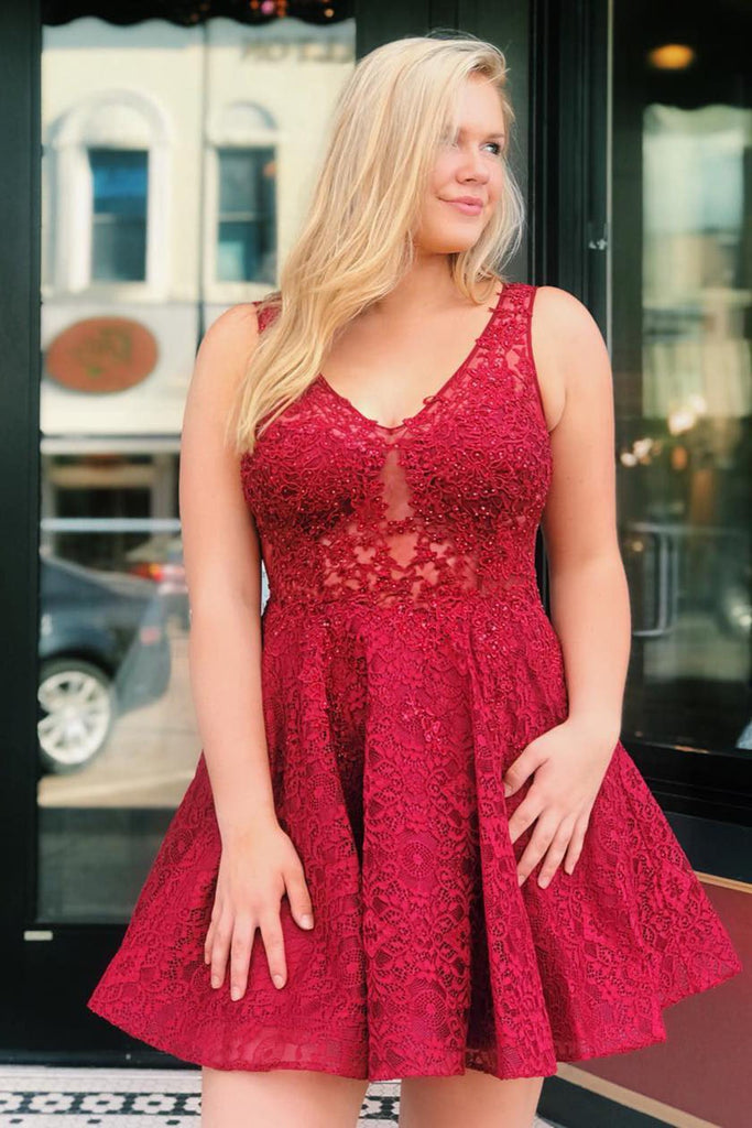 Cute V Neck Red Lace Short Prom Dress Homecoming Dress, Lace Red Forma abcprom Cute V Neck Red Lace Short Prom Dress Homecoming Dress, Lace Red Forma abcprom
