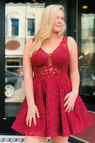 Cute V Neck Red Lace Short Prom Dress Homecoming Dress, Lace Red Formal Graduation Evening Dress
