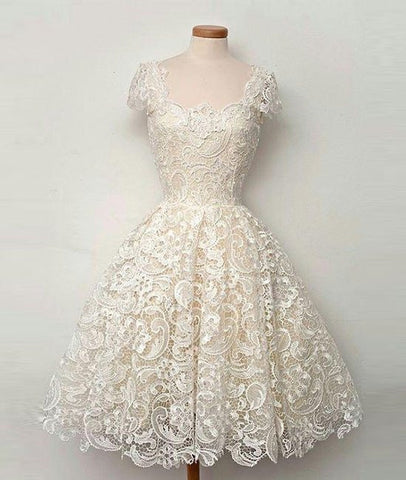 Cute White Short Lace Prom Dresses, Short Formal Dresses, Lace Evening Dresses