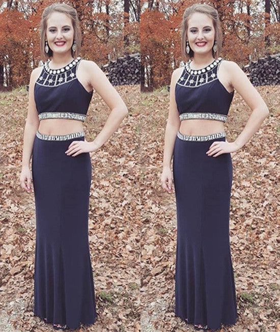 Round Neck Beaded Two Pieces Sleeveless Navy Blue Long Prom Dresses, Sleeveless Navy Blue Formal Dresses