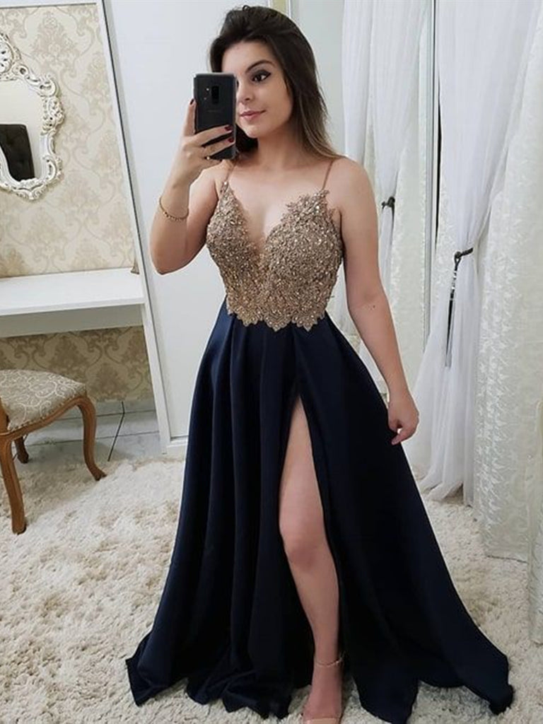 Dark Blue V Neck Gold Lace Beading Satin Long Prom Dresses with High S abcprom Dark Blue V Neck Gold Lace Beading Satin Long Prom Dresses with High S abcprom