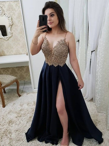 Dark Blue V Neck Gold Lace Beading Satin Long Prom Dresses with High S abcprom