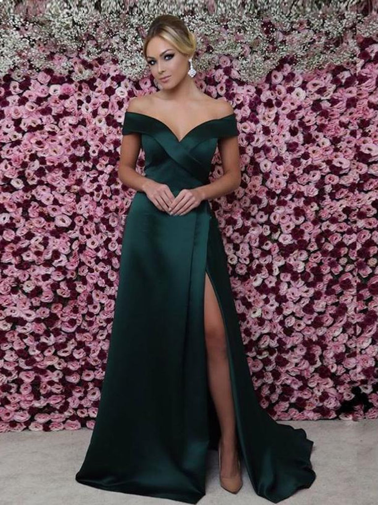 Dark Green A Line Off Shoulder Satin Long Prom Dresses with High Slit, abcprom Dark Green A Line Off Shoulder Satin Long Prom Dresses with High Slit, abcprom