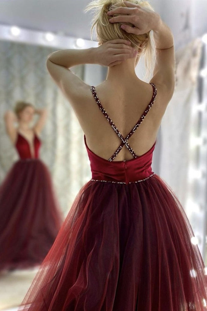 Deep V Neck Backless Burgundy Tulle Long Prom Dress, V Neck Burgundy F abcprom Deep V Neck Backless Burgundy Tulle Long Prom Dress, V Neck Burgundy F abcprom