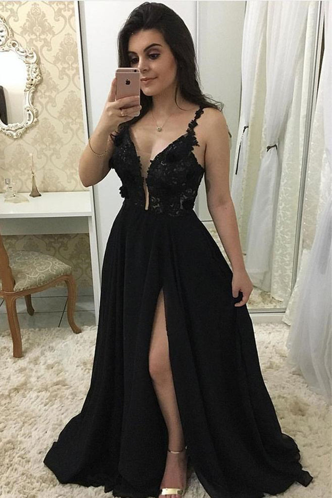 Deep V Neck Black Lace Long Prom Dress with Slit, Black Lace Formal Graduation Evening Dress