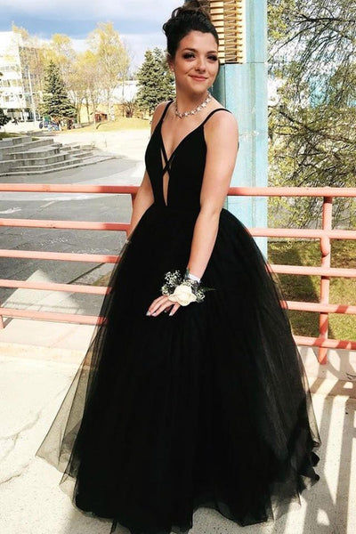 Deep V Neck Black Long Prom Dress, Black Formal Graduation Evening Dress, Fluffy Ball Gown