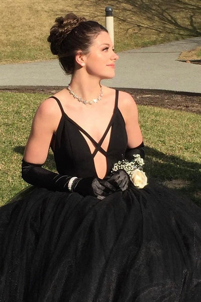 Deep V Neck Black Long Prom Dress, Black Formal Graduation Evening Dress, Fluffy Ball Gown