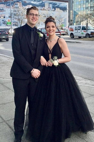 Deep V Neck Black Long Prom Dress, Black Formal Graduation Evening Dress, Fluffy Ball Gown