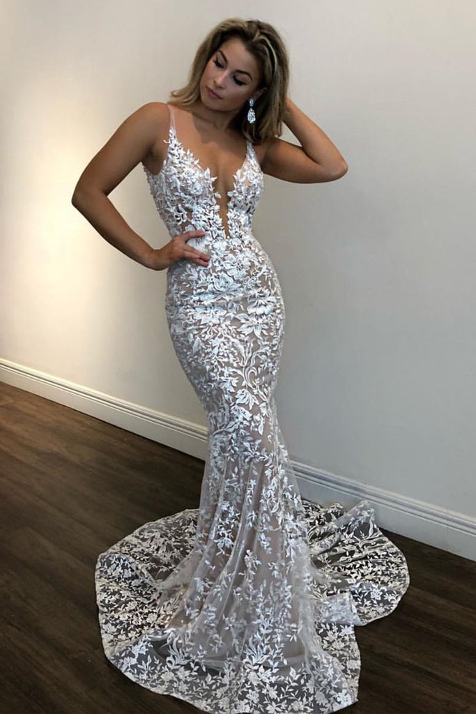 Deep V Neck Mermaid Champagne Lace Prom Dress, Mermaid Champagne Forma abcprom Deep V Neck Mermaid Champagne Lace Prom Dress, Mermaid Champagne Forma abcprom