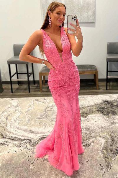 Deep V Neck Mermaid Pink Lace Long Prom Dress, Mermaid Pink Formal Dress, Pink Lace Evening Dress A1558
