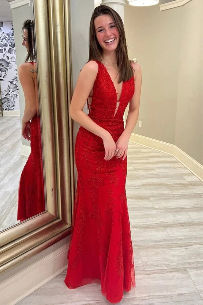 Deep V Neck Mermaid Red Lace Long Prom Dress, Mermaid Red Formal Dress, Red Lace Evening Dress A1706
