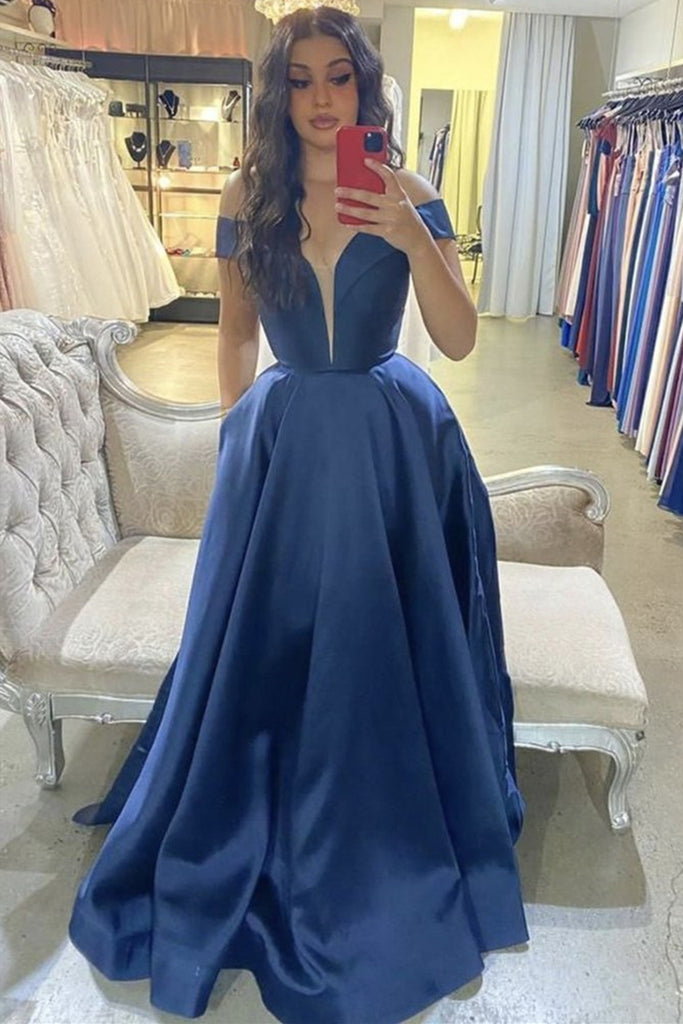 Deep V Neck Off Shoulder Blue Satin Long Prom Dress, Off the Shoulder abcprom Deep V Neck Off Shoulder Blue Satin Long Prom Dress, Off the Shoulder abcprom