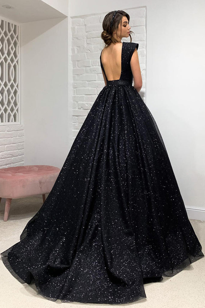 Deep V Neck Open Back Black Long Prom Dress, Shiny Black Formal Evenin