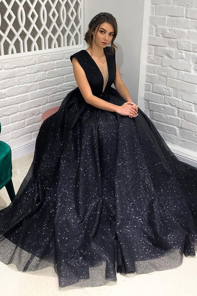 Deep V Neck Open Back Black Long Prom Dress, Shiny Black Formal Evenin