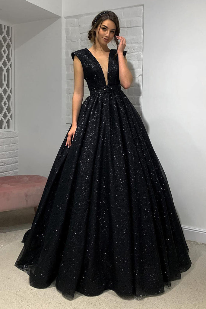 Deep V Neck Open Back Black Long Prom Dress, Shiny Black Formal Evenin