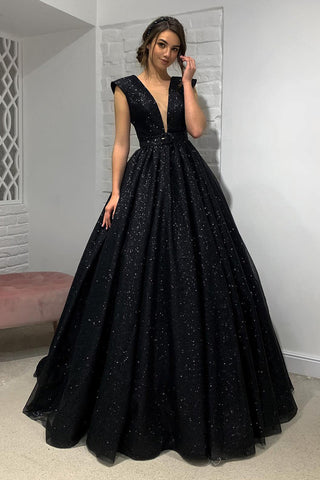 Deep V Neck Open Back Black Long Prom Dress, Shiny Black Formal Evening Dress A1653