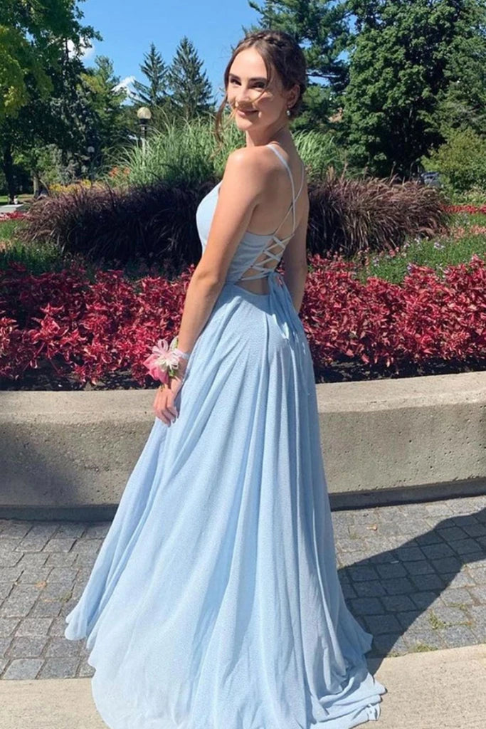 Deep V Neck Open Back Light Blue Long Prom Dress with Slit, Light Blue abcprom Deep V Neck Open Back Light Blue Long Prom Dress with Slit, Light Blue abcprom