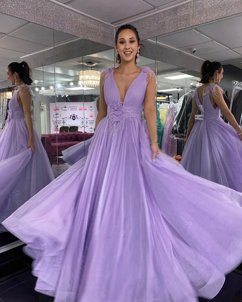 Deep V Neck Purple Tulle Long Prom Dress, Long Lavender Formal Evening Dress