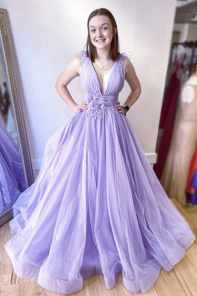 Deep V Neck Purple Tulle Long Prom Dress, Long Lavender Formal Evening abcprom Deep V Neck Purple Tulle Long Prom Dress, Long Lavender Formal Evening abcprom