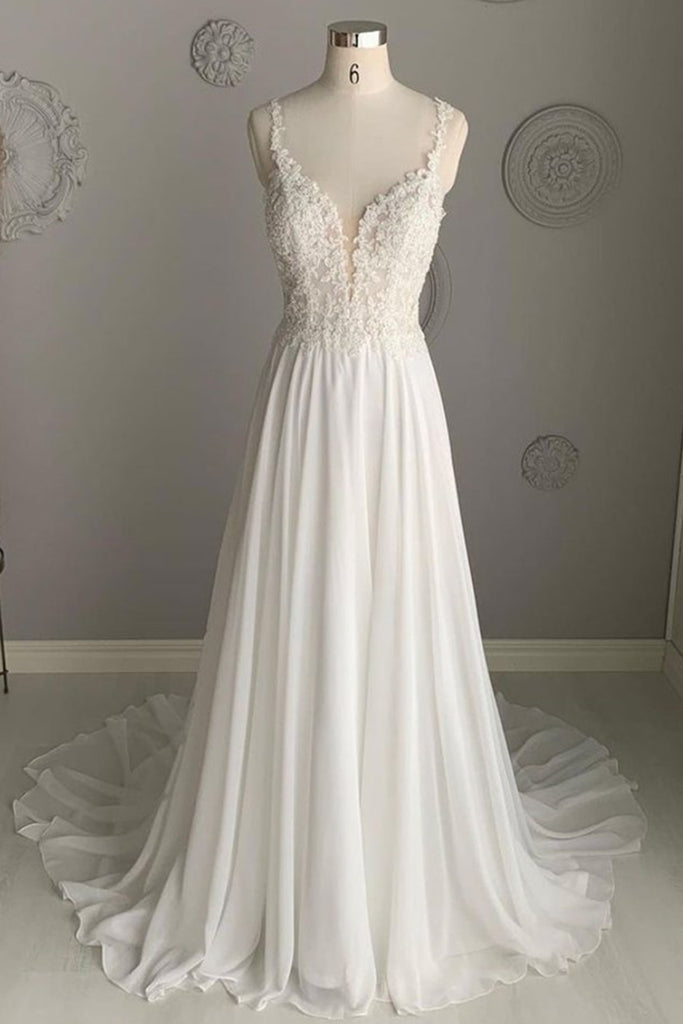 Deep V Neck White Lace Long Prom Dress, Long White Formal Dress, White Lace Evening Dress, White Bridesmaid Dress