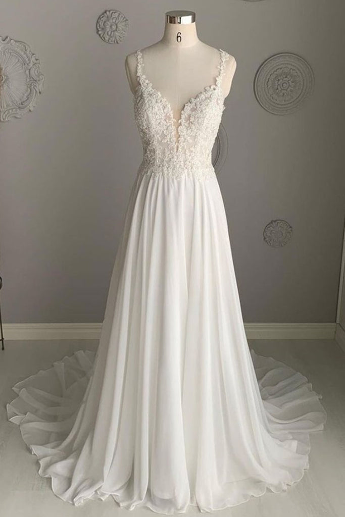 Deep V Neck White Lace Long Prom Dress, Long White Formal Dress, White