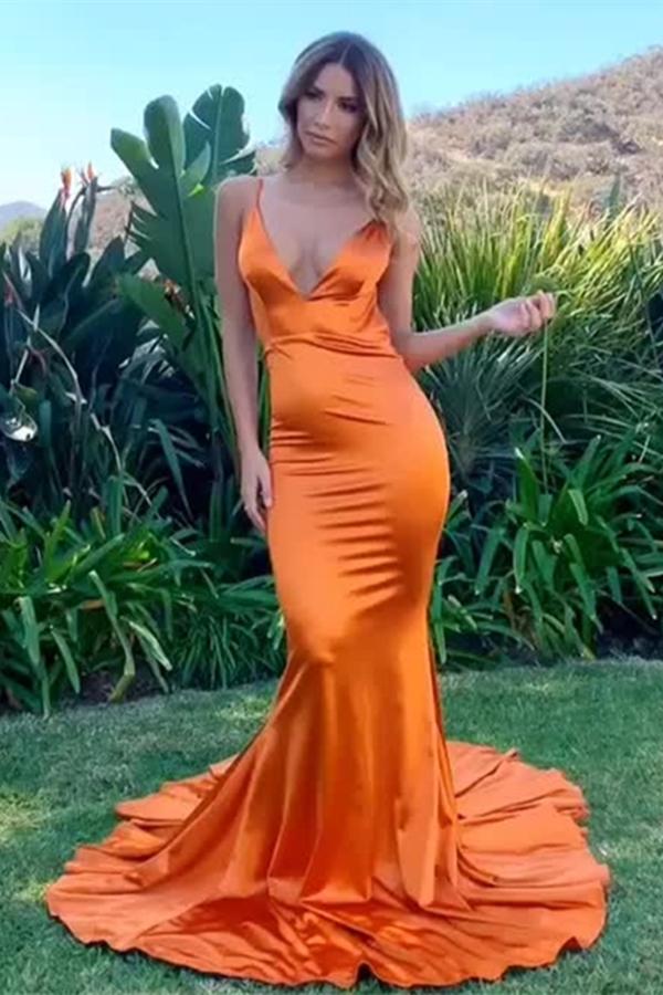 Deep V Neck Mermaid Backless Orange Long Prom Dress, Mermaid Backless Orange Formal Dress, Mermaid Orange Evening Dress